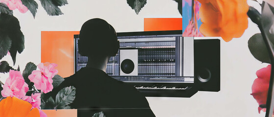 Poster - Minimalist collage featuring audio editing software with floral elements and geometric shapes