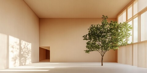 Poster - Minimalist Educational Space Design Light-Filled Wooden Library with Tree for Modern Learning - Enhancing Collaborative Academic Environments and Green Architecture