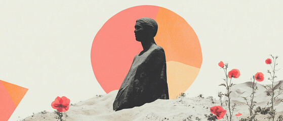 Poster - Minimalist collage featuring a buried statue amidst geometric shapes and floral elements