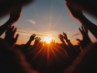 Poster - Sunset Unity Aesthetic Diverse Team Joining Hands Silhouetted Against Golden Skies - Modern Collaboration Imagery for Dynamic Corporate Communication and HR Engagement