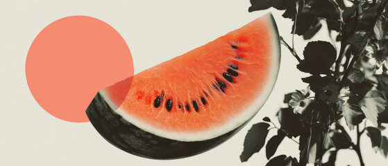 Poster - Minimalist collage featuring watermelon cut in half against geometric shapes and flowers