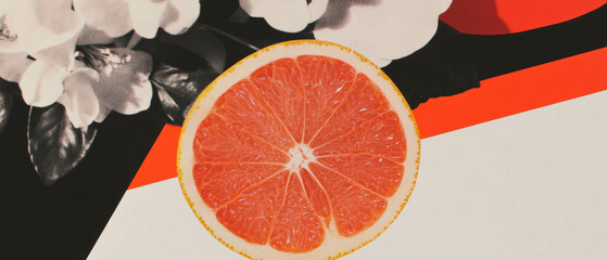 Poster - Minimalist collage featuring grapefruit and flower elements on a clean background