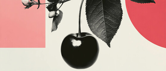 Poster - Minimalist collage featuring black-and-white cherry cutout with geometric shapes and flowers
