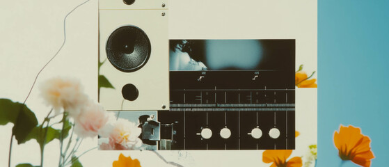 Poster - Minimalist collage blending geometric shapes, flowers, and sound mixer equalizer dynamics