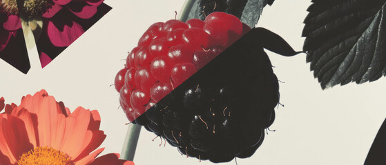Poster - Minimalist collage of geometric shapes and raspberry close-up on white background