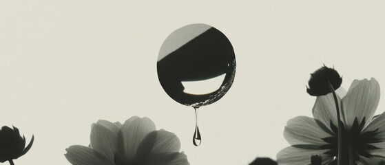 Aufkleber - Minimalist collage featuring a close-up of a raindrop on a leaf amidst floral shapes