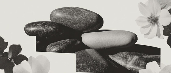 Aufkleber - Minimalist collage featuring smooth pebbles and geometric shapes with floral elements