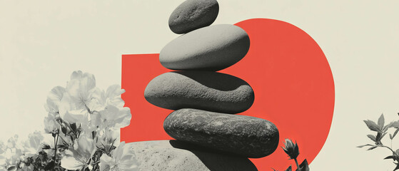 Poster - Balanced composition of geometric shapes and pebbles against a floral background