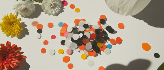 Aufkleber - Colorful confetti and flowers create a striking minimalist collage on a white backdrop