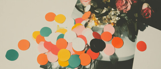 Poster - Minimalist collage featuring colorful confetti and floral elements against a white backdrop