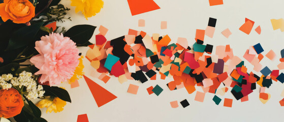 Poster - Minimalist collage featuring colorful confetti and geometric shapes with floral accents