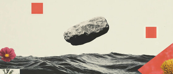 Poster - Minimalist collage featuring a stone skipping across water with floral and geometric elements
