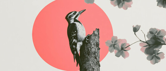 Poster - Minimalist collage featuring a woodpecker on a tree with floral accents on a white background