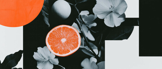 Poster - Minimalist collage featuring black-and-white starfruit and colorful geometric shapes