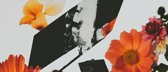 Poster - Minimalist collage featuring geometric shapes and flowers with a close-up palette knife view
