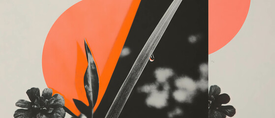 Aufkleber - Minimalist collage featuring a dewdrop on grass amidst geometric shapes and floral elements