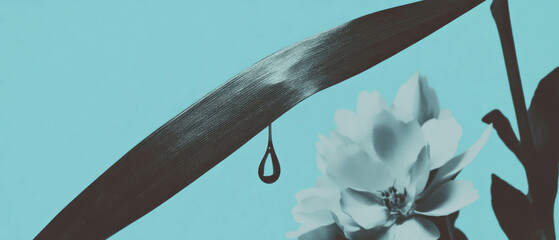 Poster - Minimalist collage of grass blade and dewdrop with floral elements in a serene white backdrop