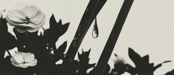 Poster - Minimalist collage featuring black-and-white grass blade with dewdrop and floral background