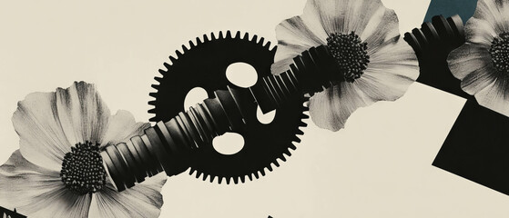 Aufkleber - Minimalist collage of geometric shapes and flowers with a spinning gear on a white background