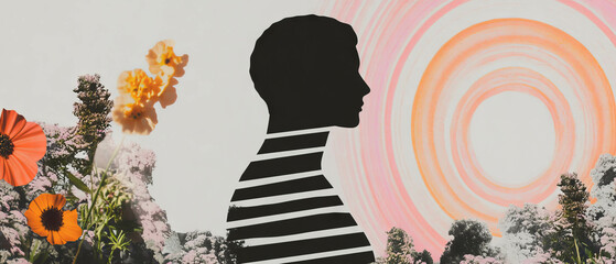 Aufkleber - Minimalist collage of shapes and flowers with a statue silhouette on a psychedelic background