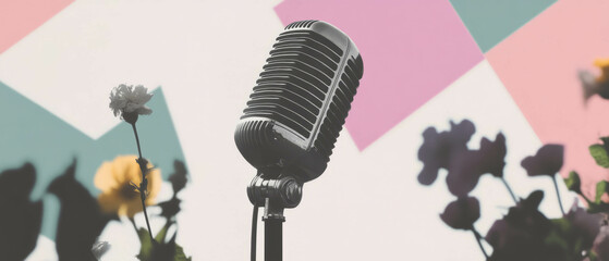Poster - Minimalist collage featuring vintage microphone among geometric shapes and flowers
