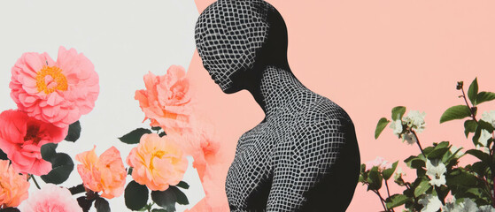 Aufkleber - Minimalist collage features geometric statue with floral background and intricate designs