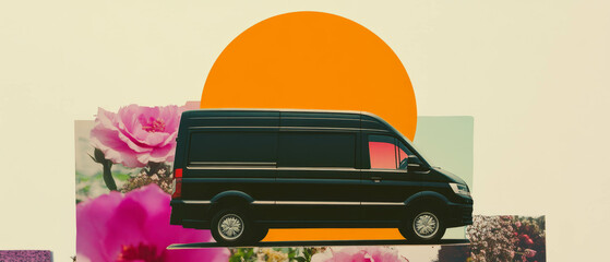 Poster - Minimalist collage featuring a delivery van in front of a building with floral elements