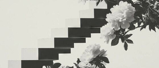 Poster - Collage of geometric shapes and flowers framing a pixelated staircase on a minimalist background