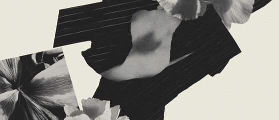 Poster - Minimalist collage combining geometric shapes and textured fabric with floral elements