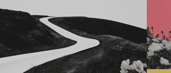 Aufkleber - Minimalist collage of a winding road with geometric shapes and flowers on a white background