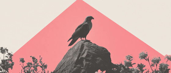Aufkleber - Exploring the beauty of nature in a minimalist collage featuring a hawk and floral elements