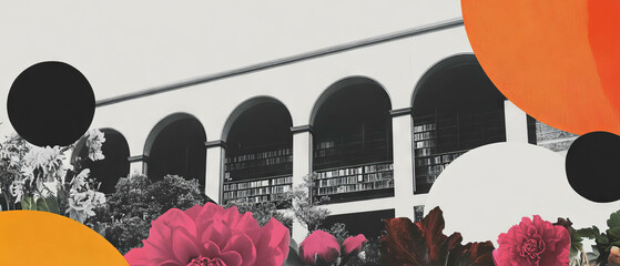 Poster - Minimalist collage of a historic library surrounded by geometric shapes and flowers