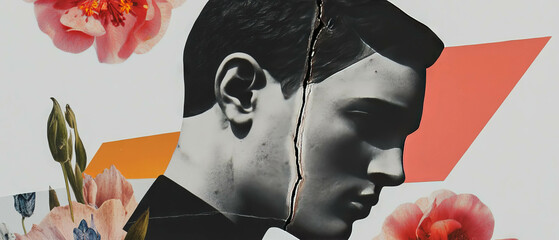Poster - Minimalist collage featuring a close-up of a cracked statue's ear with floral and geometric elements