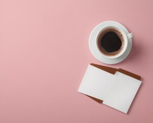 Poster - Modern Minimalist Workspace Coffee and Documents on Soft Pink - Inspiring Remote Work Imagery for Corporate Branding and Productivity Boost