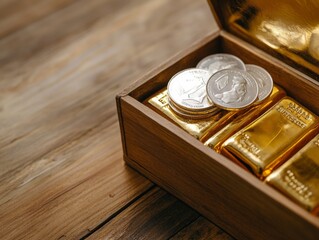 Poster - Cultural Opulence Traditional Indian Jewelry Box with Gold Bars and Silver Coins on Wood - Premium Investment Content and Luxury Market Merchandising