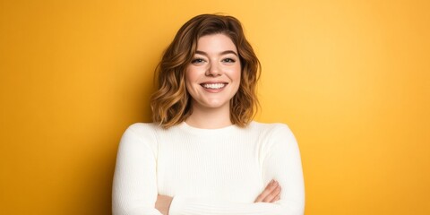 Aufkleber - Bright Contemporary Portrait Woman in White Sweater Against Vibrant Yellow - Authentic Branding for Modern Corporate Identity and Social Media Engagement