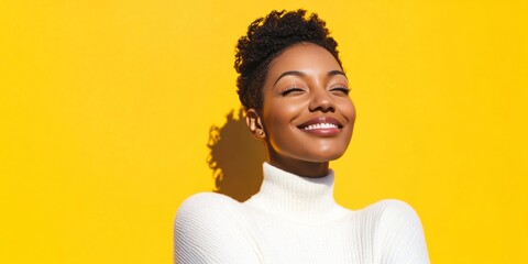 Poster - Bright Modern Portrait Vibrant Yellow Backdrop with Woman in White Sweater - Professional Branding and Authentic Corporate Content for Digital Careers