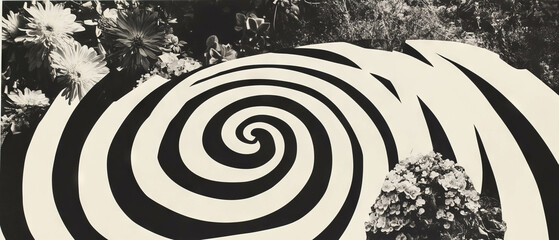 Poster - Minimalist collage featuring swirling vortex and geometric shapes with floral elements