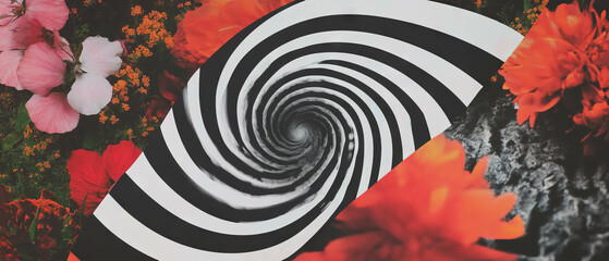 Poster - Minimalist collage of swirling vortex with floral elements on a white background