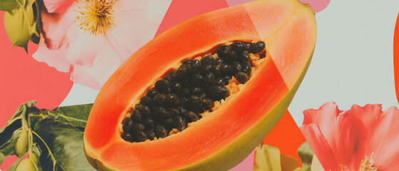 Aufkleber - Minimalist collage featuring geometric shapes and a halved papaya with flowers