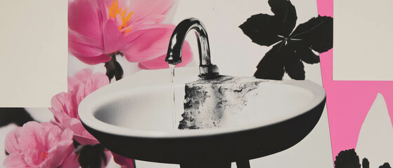 Poster - Minimalist collage featuring a chipped ceramic sink with flowers and geometric shapes