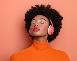 Poster - Vibrant Audio Immersion Afro-Textured Hair, Orange Knitwear and Wireless Headphones - Music Content and Digital Listening Experience for Modern Urban Youth