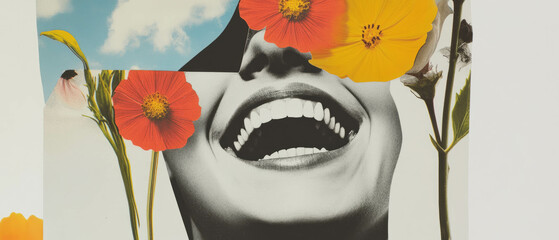 Poster - Minimalist collage showcasing a joyful smile surrounded by vibrant flowers and geometric shapes