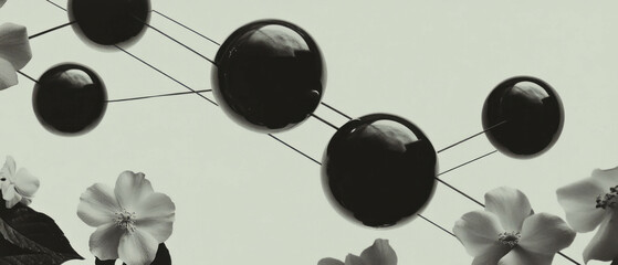 Aufkleber - Minimalist collage featuring interconnected spheres and floral elements on a white background