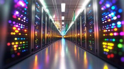 Poster - Colorful server room illuminated by lights in a high-tech data center hallway