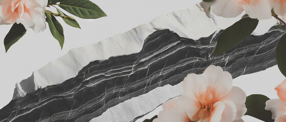 Poster - Minimalist collage integrating geometric shapes and layered rock against floral backdrop
