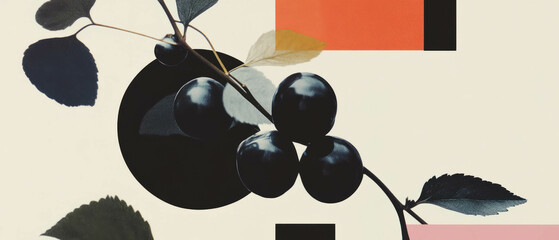 Poster - Minimalist collage featuring geometric shapes and black-and-white gooseberries on a white background