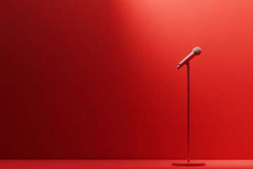 Aufkleber - Contemporary Red Stage Setup Sleek Microphone on Minimalist Stand - Dynamic Public Speaking Visuals for Political Campaigns and Engaging Voter Outreach