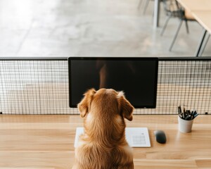 Poster - Modern Pet-Friendly Coworking Space Canine Comfort and Sleek Woodwork in Urban Offices - Enhancing Startup Culture and Employee Well-being
