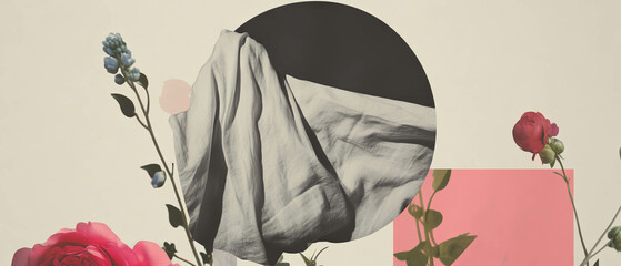 Poster - Minimalist collage showcasing geometric shapes and flowers with a crumpled tablecloth backdrop